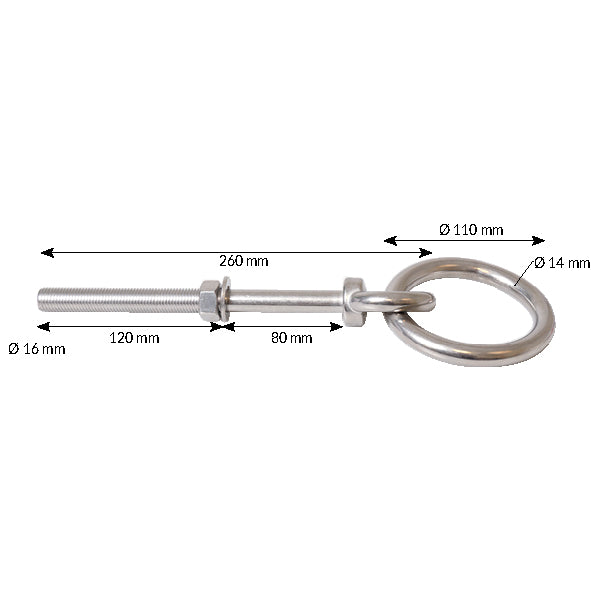 Fortøjningsbolt med ring, Ø16mm 260mm lang AISI 316