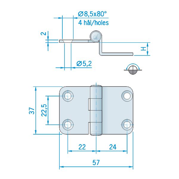 Roca hængsel 57x27x10mm AISI 304