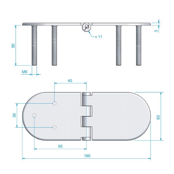 Roca hængsel 60x160mm fast M6 skruer AISI 316