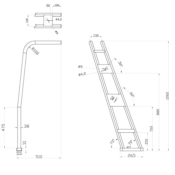 1852 Targabøjle med 70 gr vinkel Ø40/32mm B: 1,5-2,25m