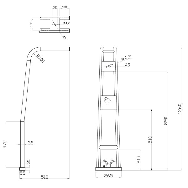 1852 Targabøjle for jolle rør Ø40/32mm B: 1,5-2,25m
