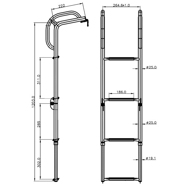 Badestige til platform 4 trin b-290mm l-615-1200mm d-240mm