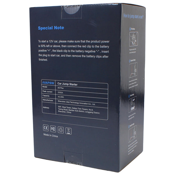 Avapow A9 Plus jump starter 12V, 2000Amp leveres med taske