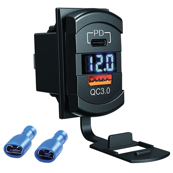 Kontakt med 1stk USB A, 1 stk USB C, voltmeter, 12-24V