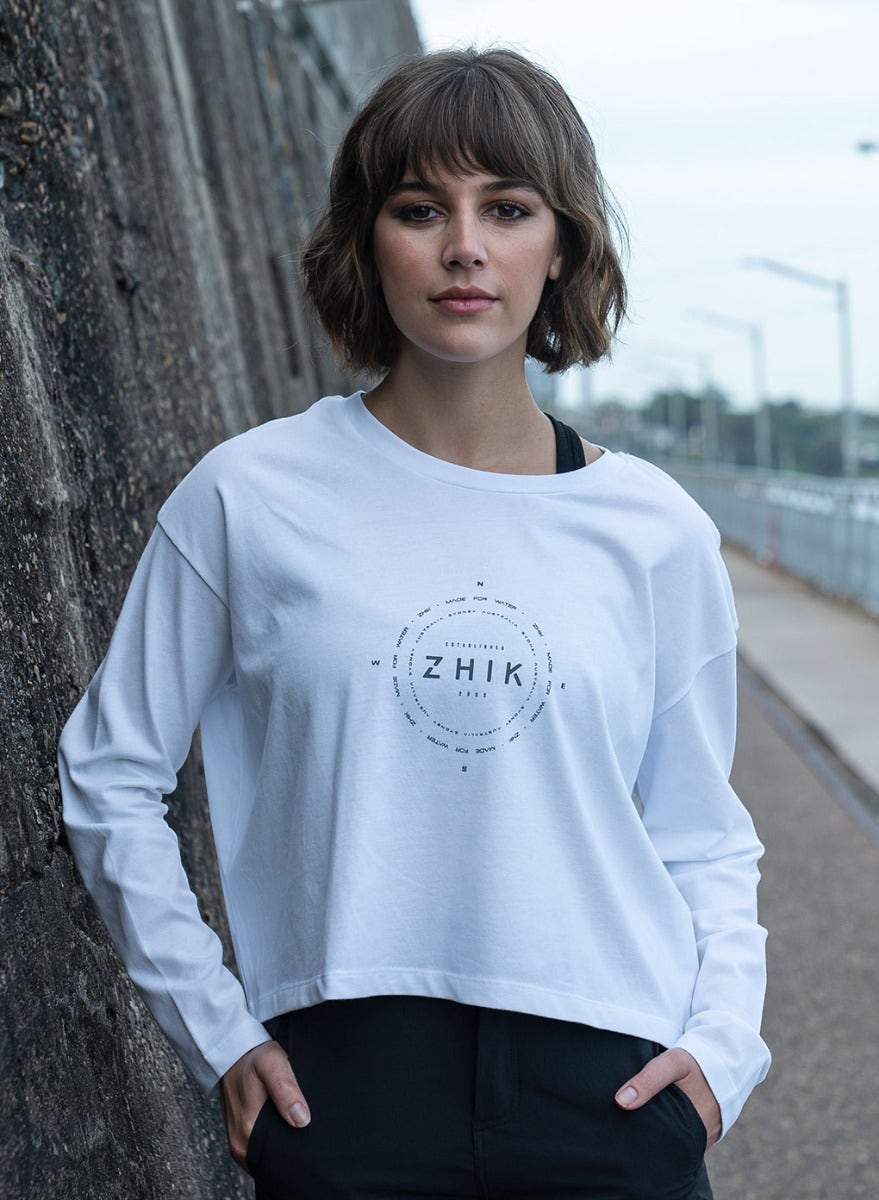 Womens Compass Print Long Sleeve Cotton Tee
