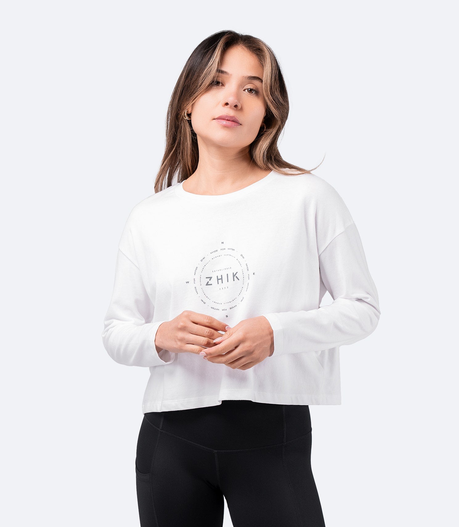 Womens Compass Print Long Sleeve Cotton Tee